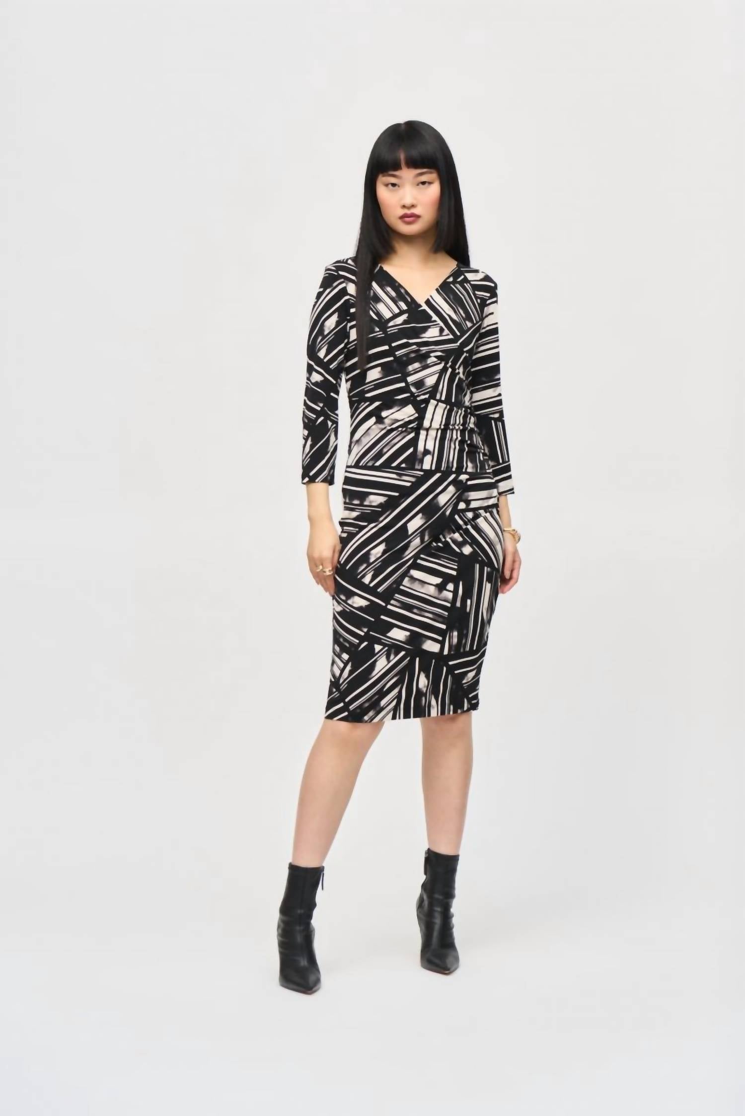 Joseph Ribkoff - Abstract Stripe Faux Wrap Sheath Dress