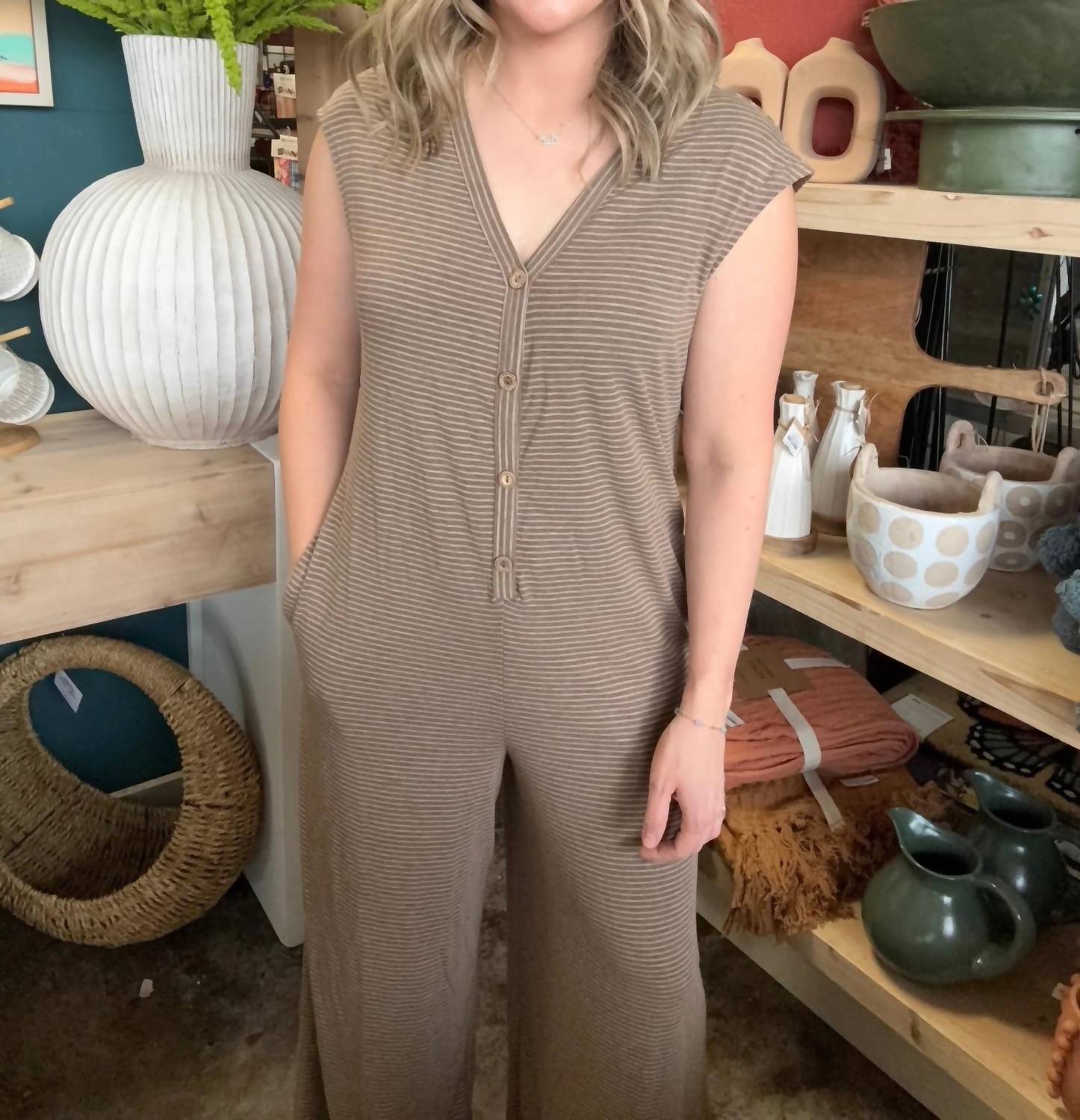 Very J - Striped Button Front Jumpsuit