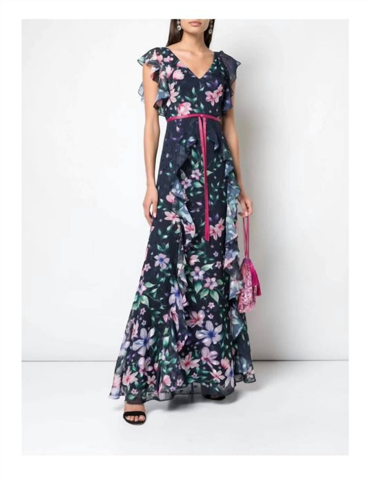 Marchesa - Marchesa Notte Navy Floral Sleeveless Printed Chiffon Gown