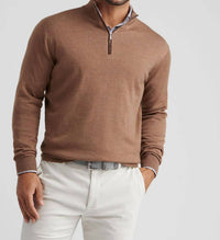 PETER MILLAR Autumn Crest Suede Trim Quarter Zip Sweater in british tan - men's sweater