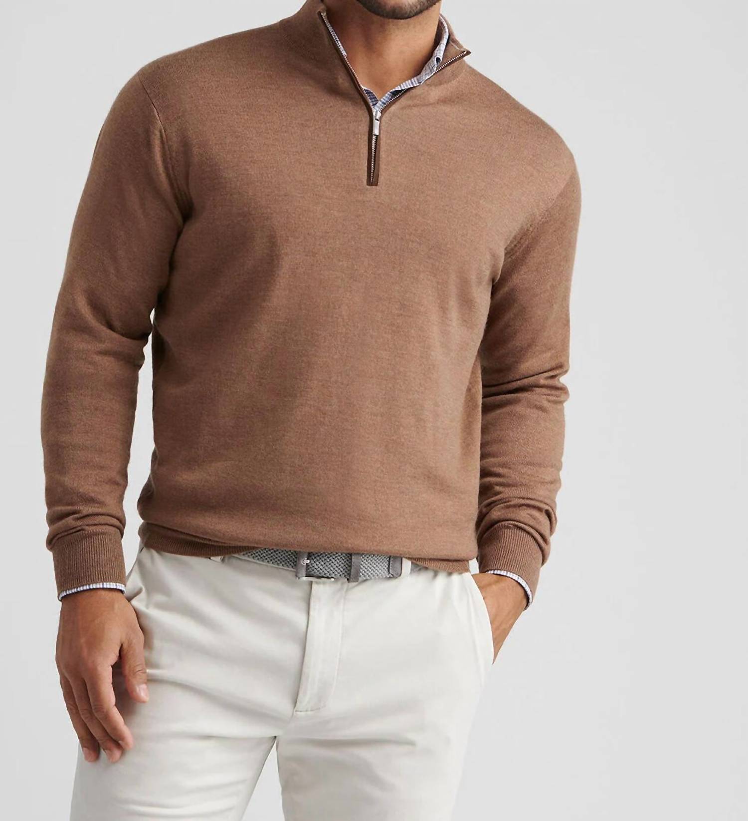 PETER MILLAR Autumn Crest Suede Trim Quarter Zip Sweater in british tan - men's sweater
