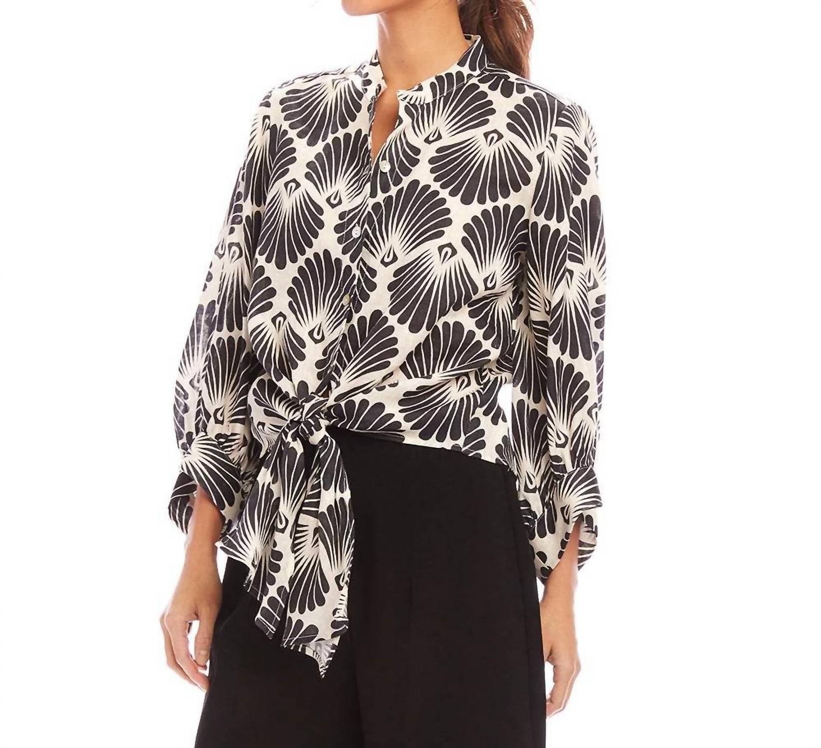 Karen Kane - Women's Petite Size Blouson Sleeve Linen Tie Front Top