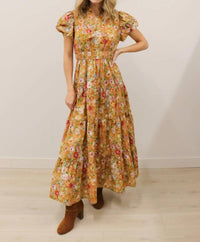 Entro - Vintage Bloom Floral Print Tiered Midi Dress