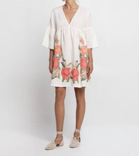 Greek Archaic Kori - Rose Embroidered Linen Mini Dress