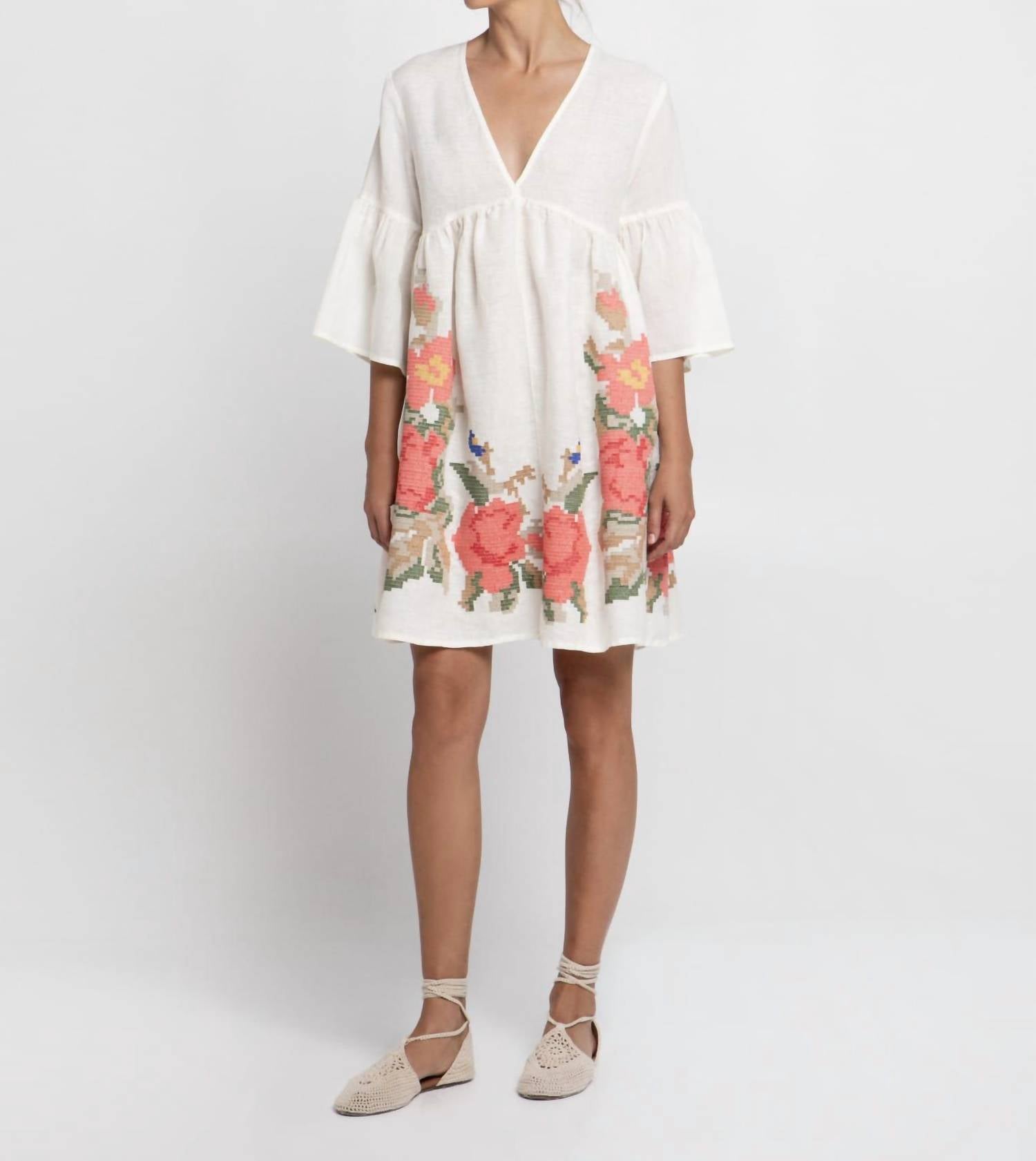 Greek Archaic Kori - Rose Embroidered Linen Mini Dress