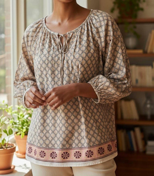 Mystree - Boho Embroidered Border Gathered Sleeves Tunic Top