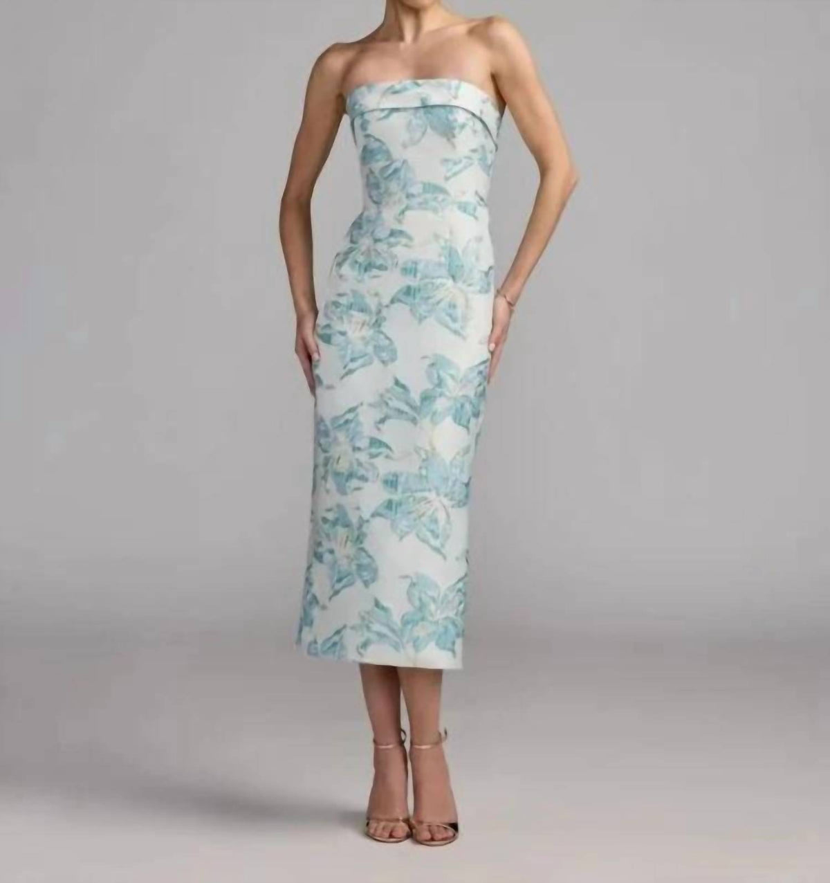 Mac Duggal - Strapless Brocade Sheath Midi Dress