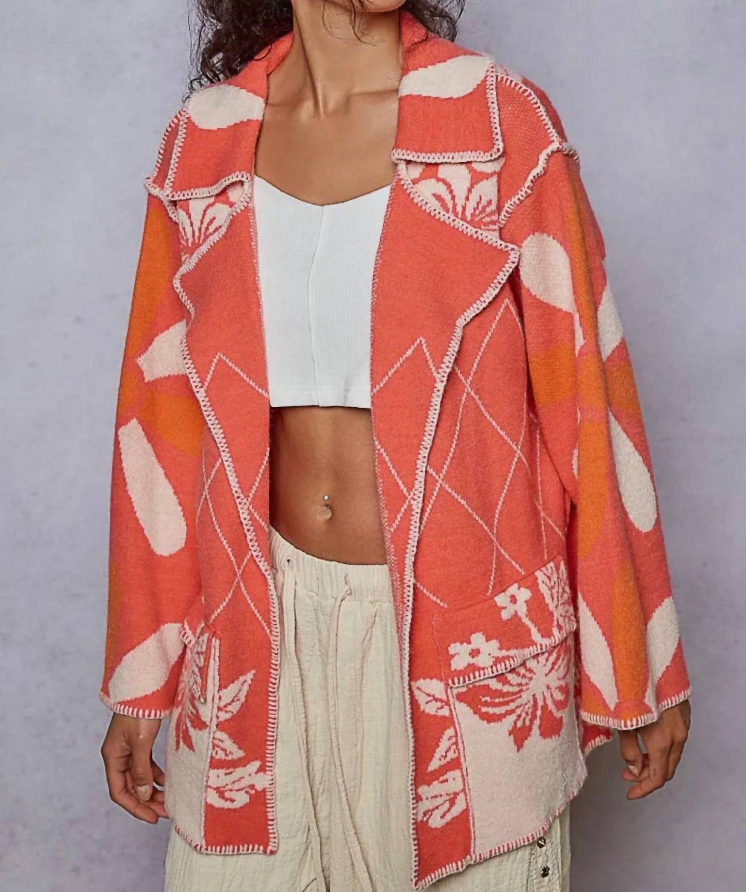 Pol - Stitch Detail Floral Collared Relaxed Fit Cardigan