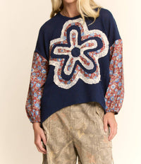 Davi & Dani - Waffle Knit Floral-sleeve Top