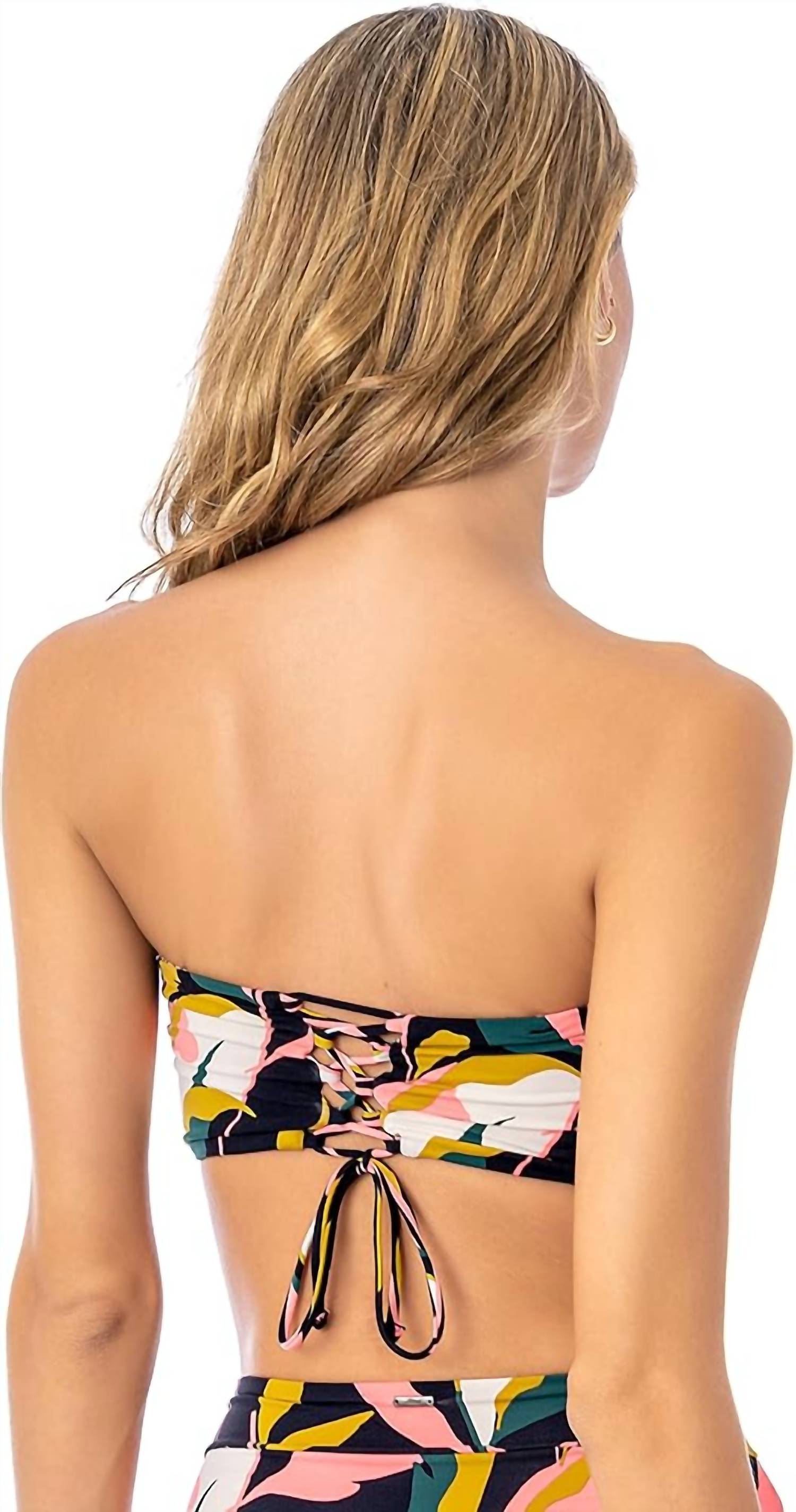 MAAJI Women's Lush Leaves Rusched Top in black - women's swimwear - detail view