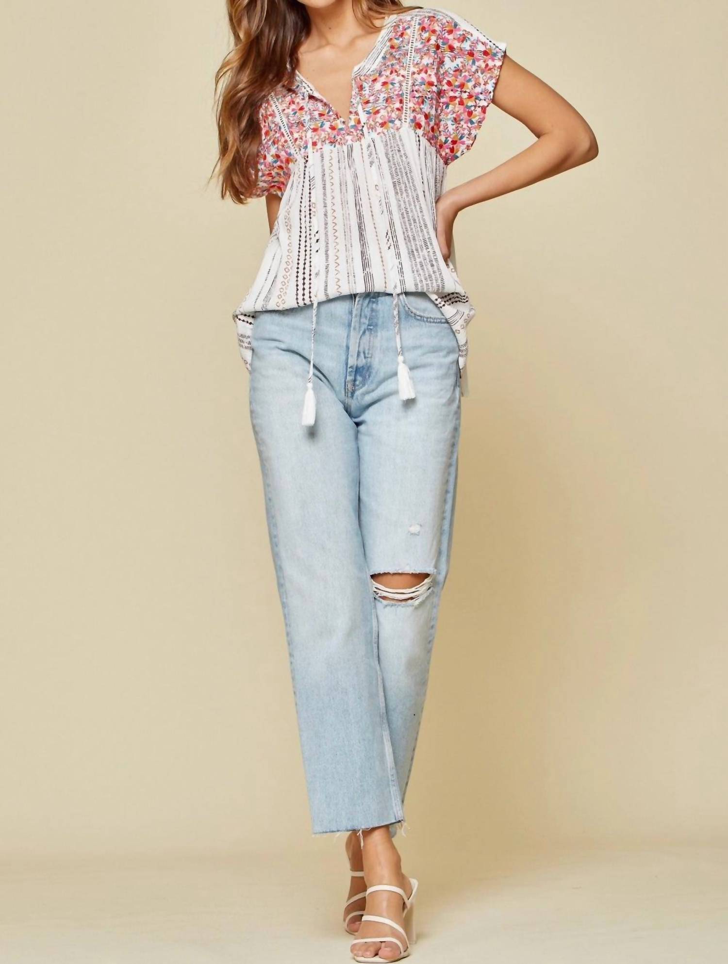 Andree By Unit - Striped Babydoll Embroidered Top