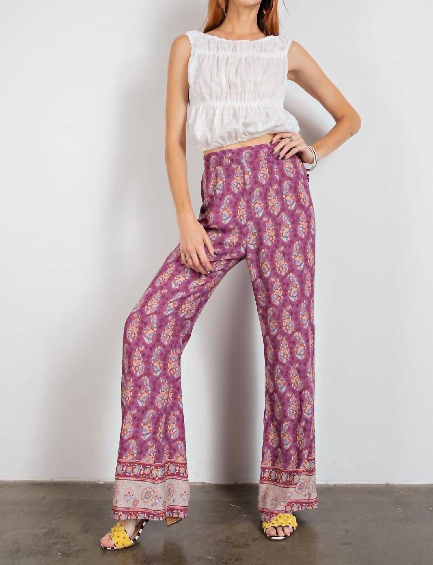 Easel - Calila Border Print Straight Leg Pants