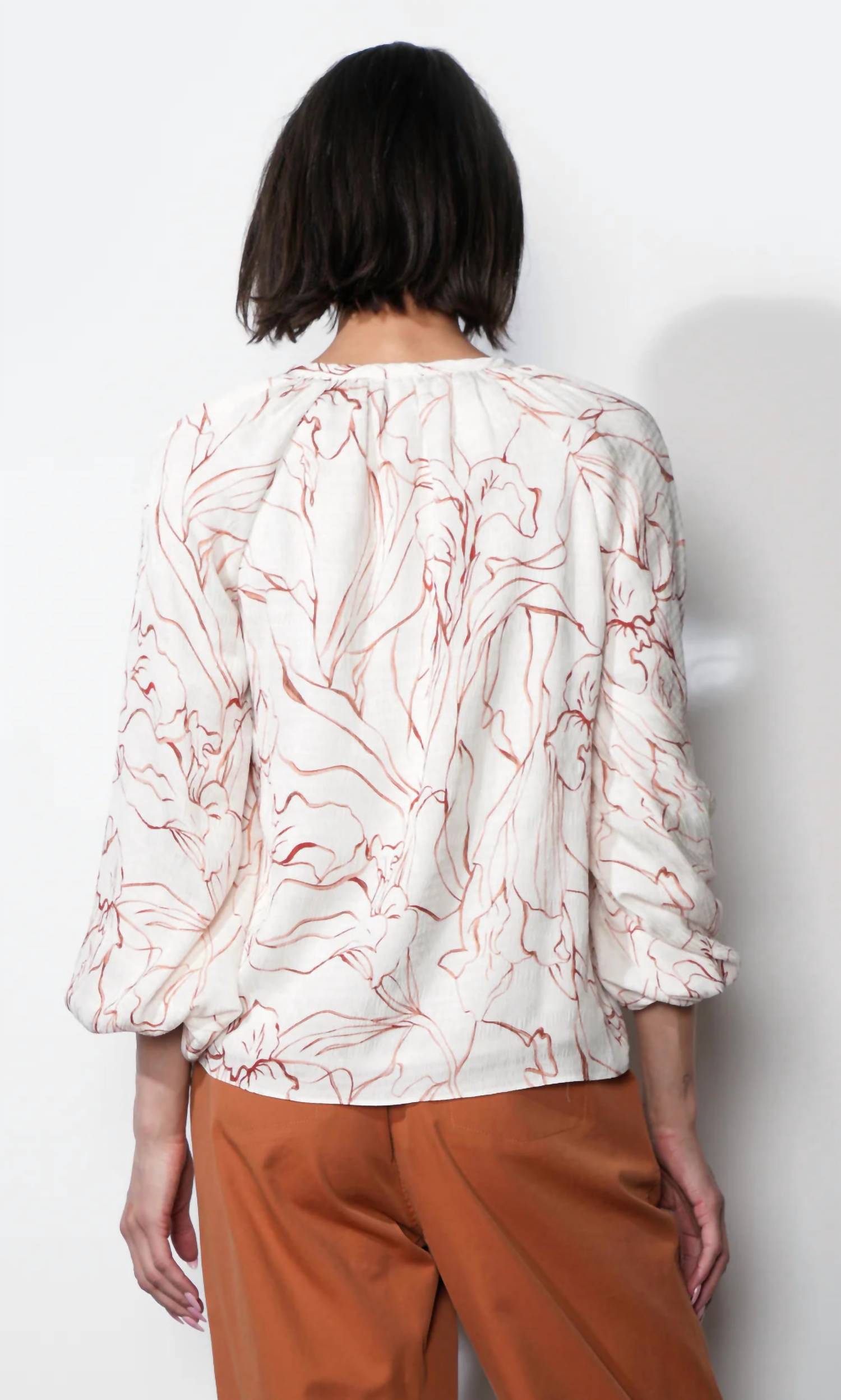 GREYLIN Penelope Bubble Sleeve Tie Neck Blouse in ivory - women's blouse - detail view