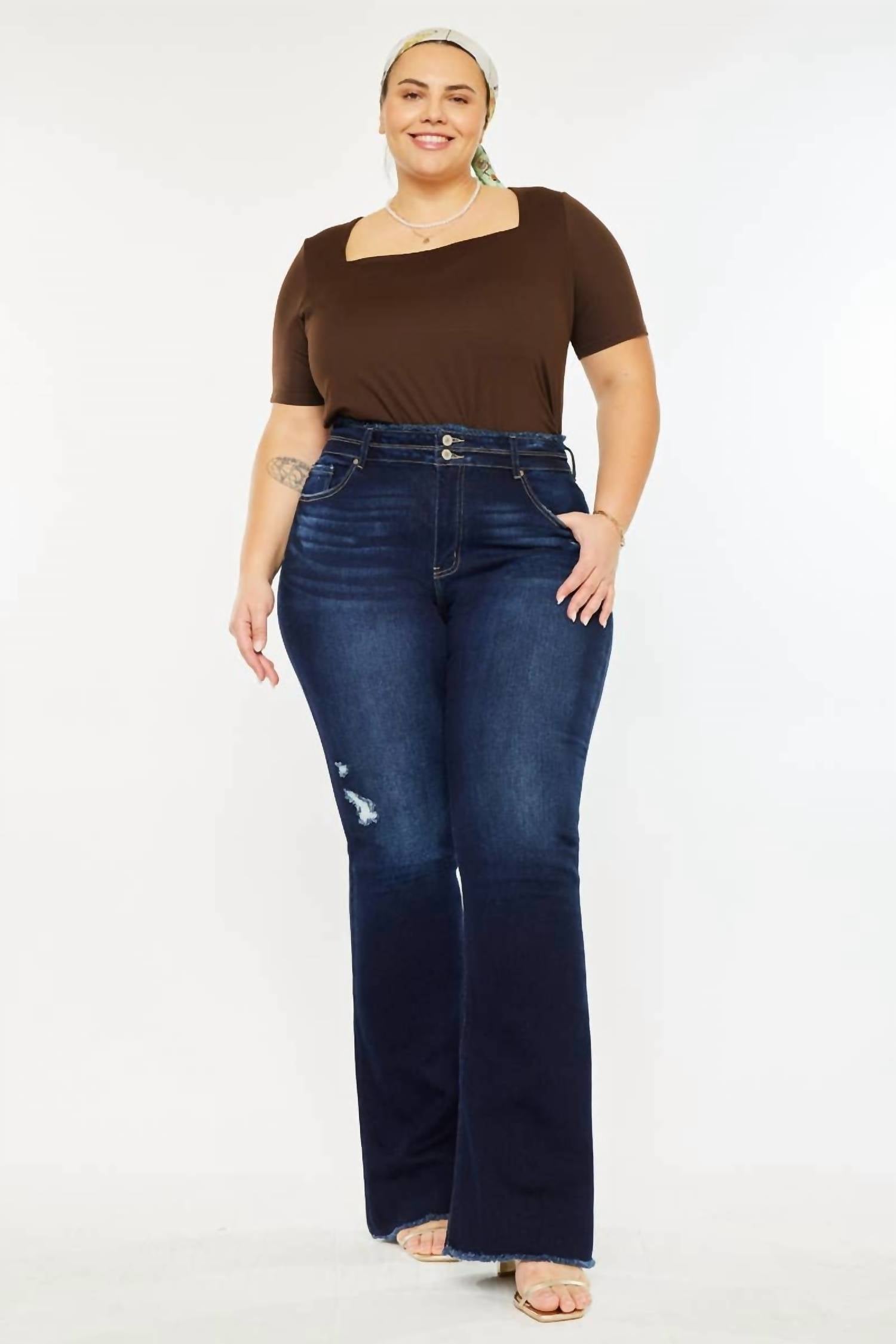 Kancan - High Rise Double Waist Band Detail Fray Hem Flare Jeans- Plus