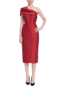 Badgley Mischka - Asymmetrical Neckline Drapes Over Midi Dress