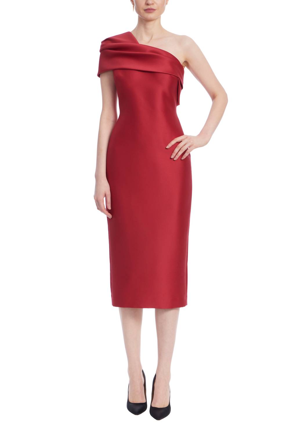 Badgley Mischka - Asymmetrical Neckline Drapes Over Midi Dress