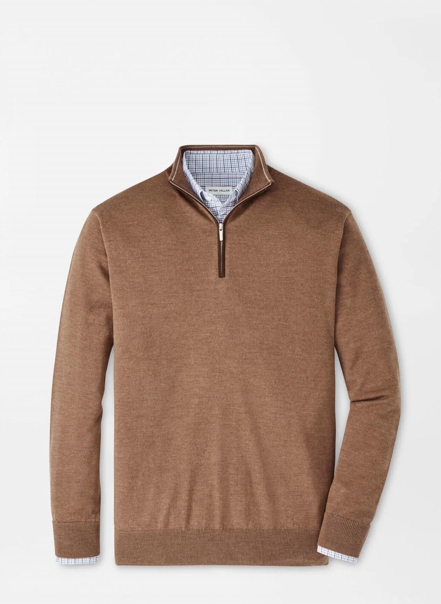 PETER MILLAR Autumn Crest Suede Trim Quarter Zip Sweater in british tan - men's sweater - view 4