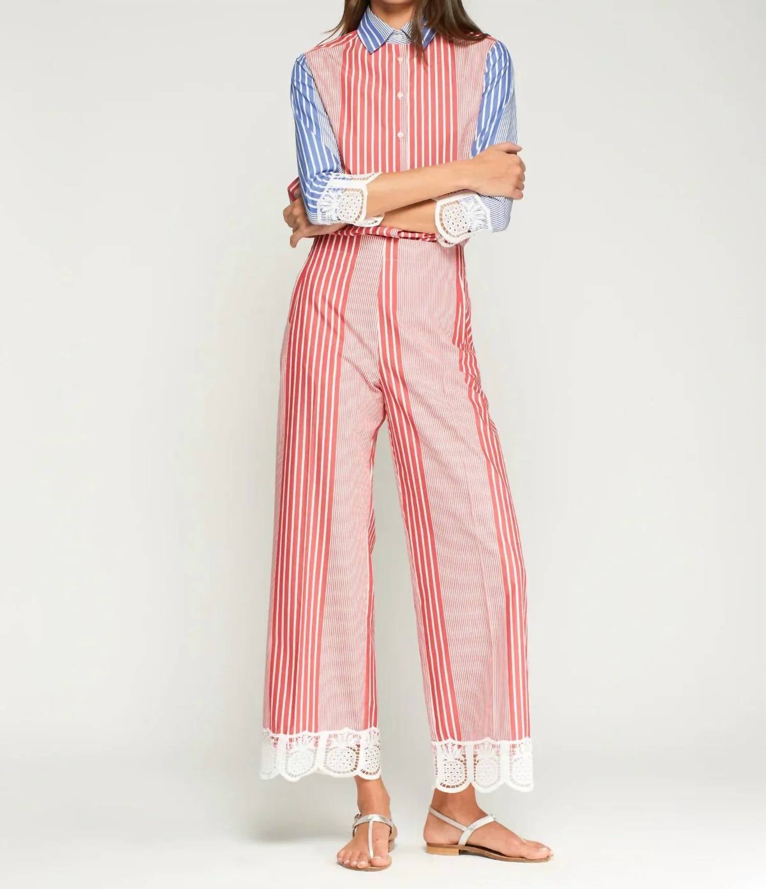 Vilagallo - Lace At The Hem Striped Trousers