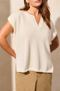 TRIBAL Slit V Neck Extended Shoulder Sweater Top in cocomilk - women's sweater - detail view