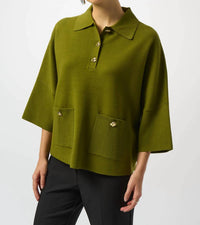 Joseph Ribkoff Collared 3/4 Sleeve Boxy Sweater Top in artichoke - women's sweater