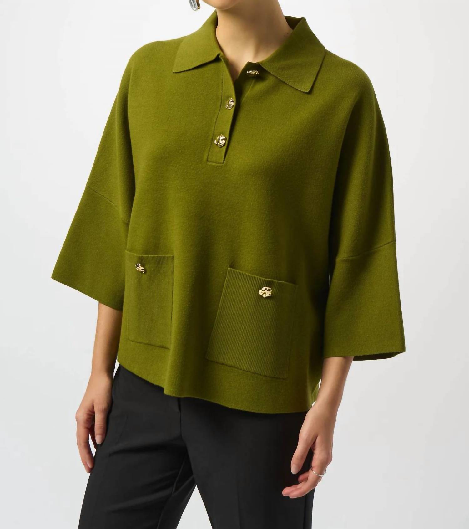 Joseph Ribkoff Collared 3/4 Sleeve Boxy Sweater Top in artichoke - women's sweater