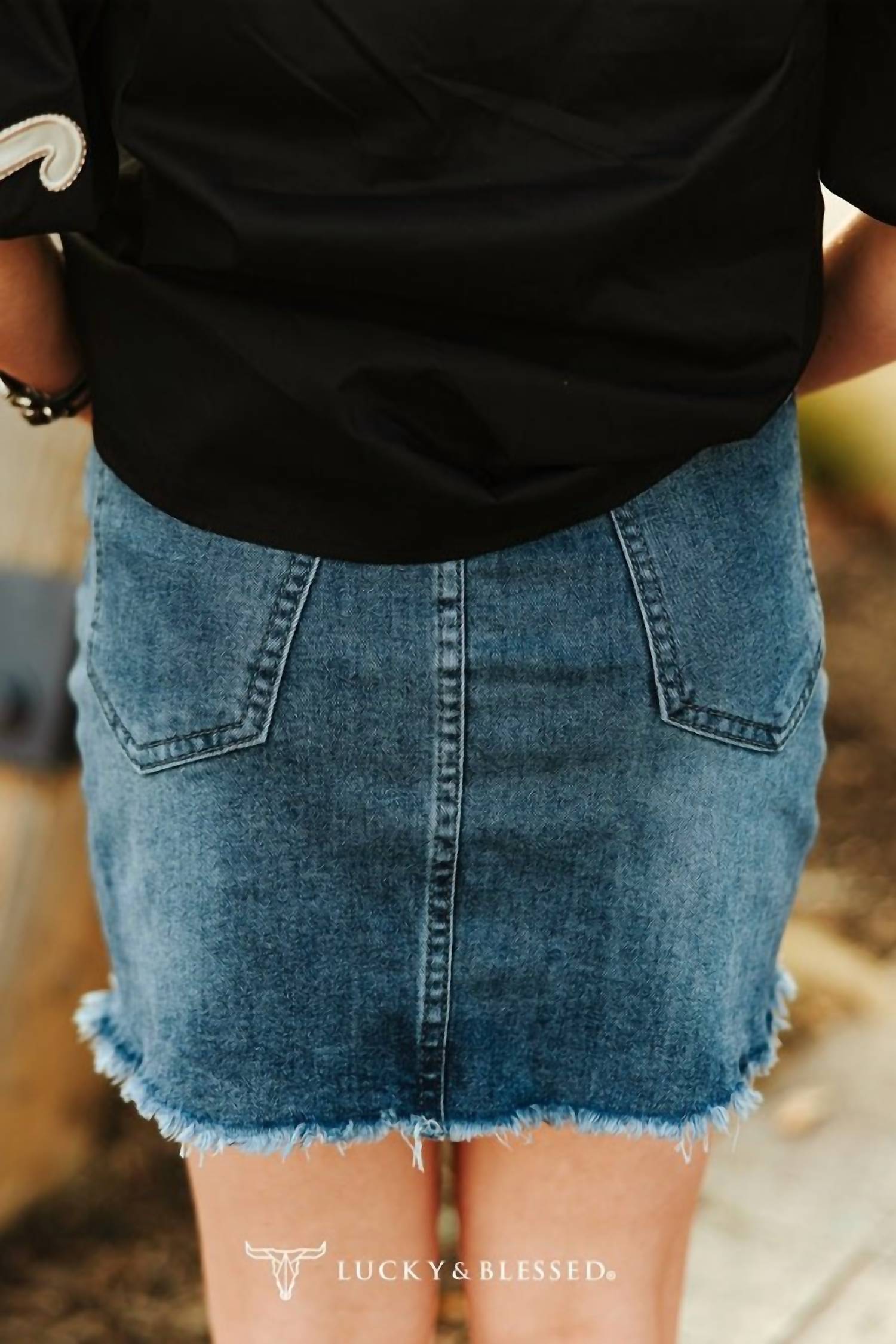 Lucky & Blessed - High-rise Raw Hem Western Denim Mini Skirt