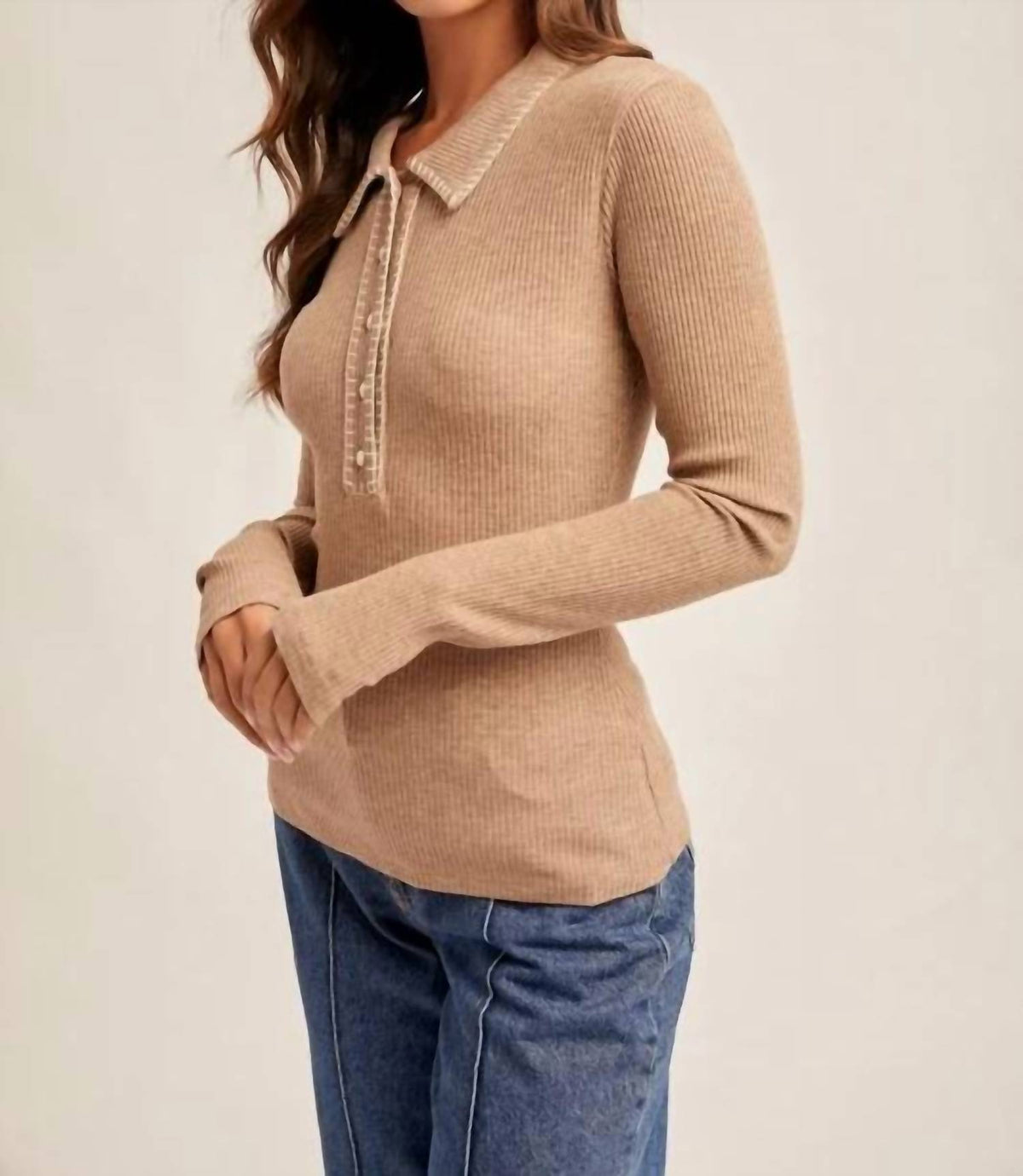 Hem & Thread - Stitch Collar Button Down Rib Top