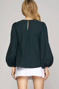 She + Sky - Puff Long Sleeve Checkered Blouse