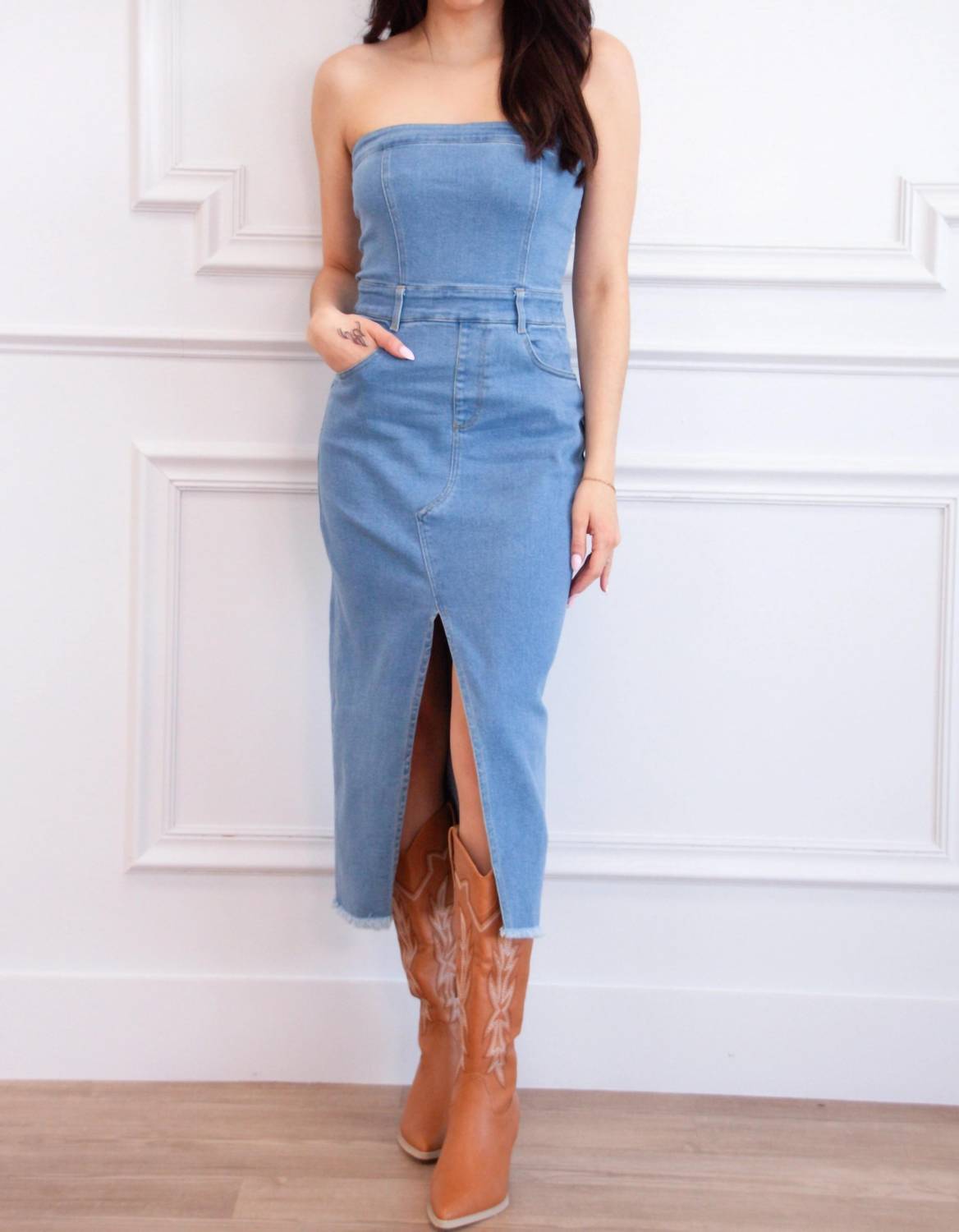 The Vintage Shop - Sadie Strapless Denim Midi Dress