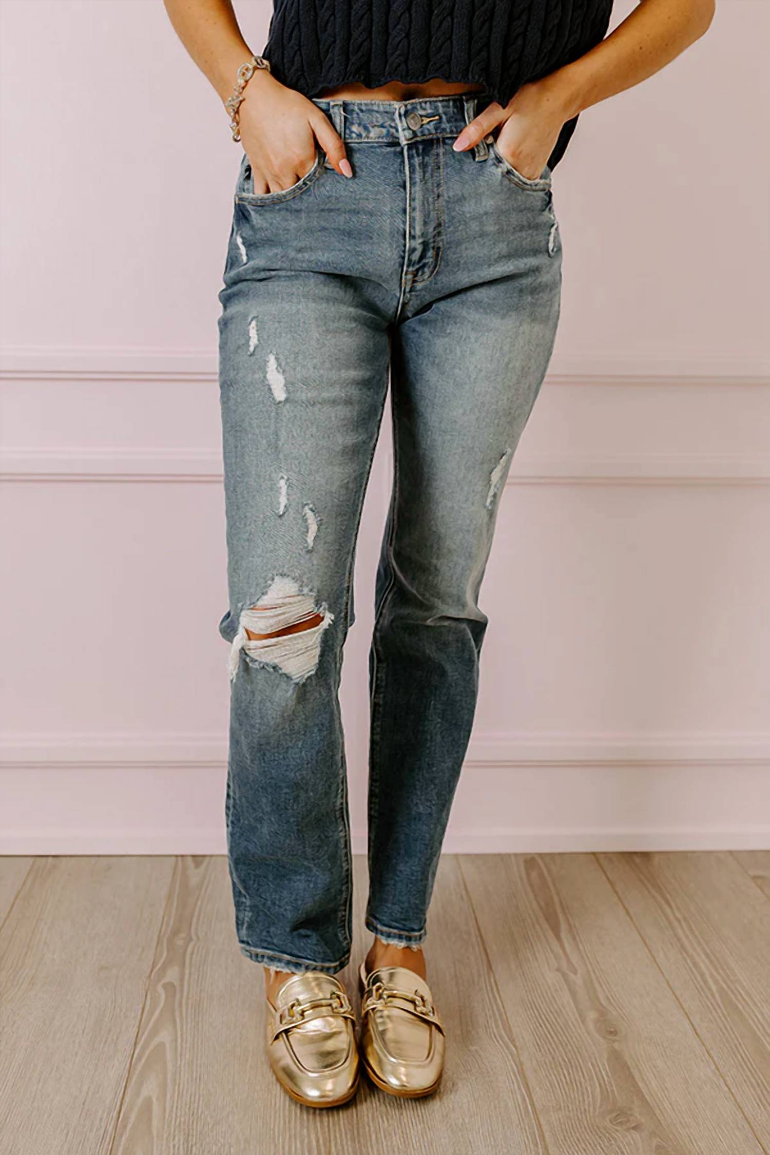 Kancan - Reese High Waist Distressed Straight Leg Jeans