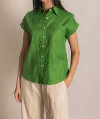 P.CILL Linen Relaxed Short Sleeve Button Up Shirt in grass - women's shirt - view 4