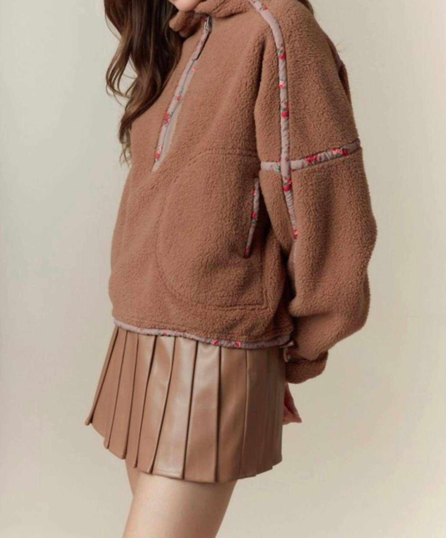 Peach Love Ditsy Floral Half Zip Sherpa Jacket in camel - women's jacket - view 4