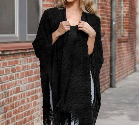Leto - Women's Soft Diagonal Knit Fringe Trim Ruana Wrap Shawl