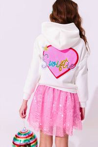 Lola + The Boys Swiftie Lovers Hoodie in white pink - kids' shirt - alternate view
