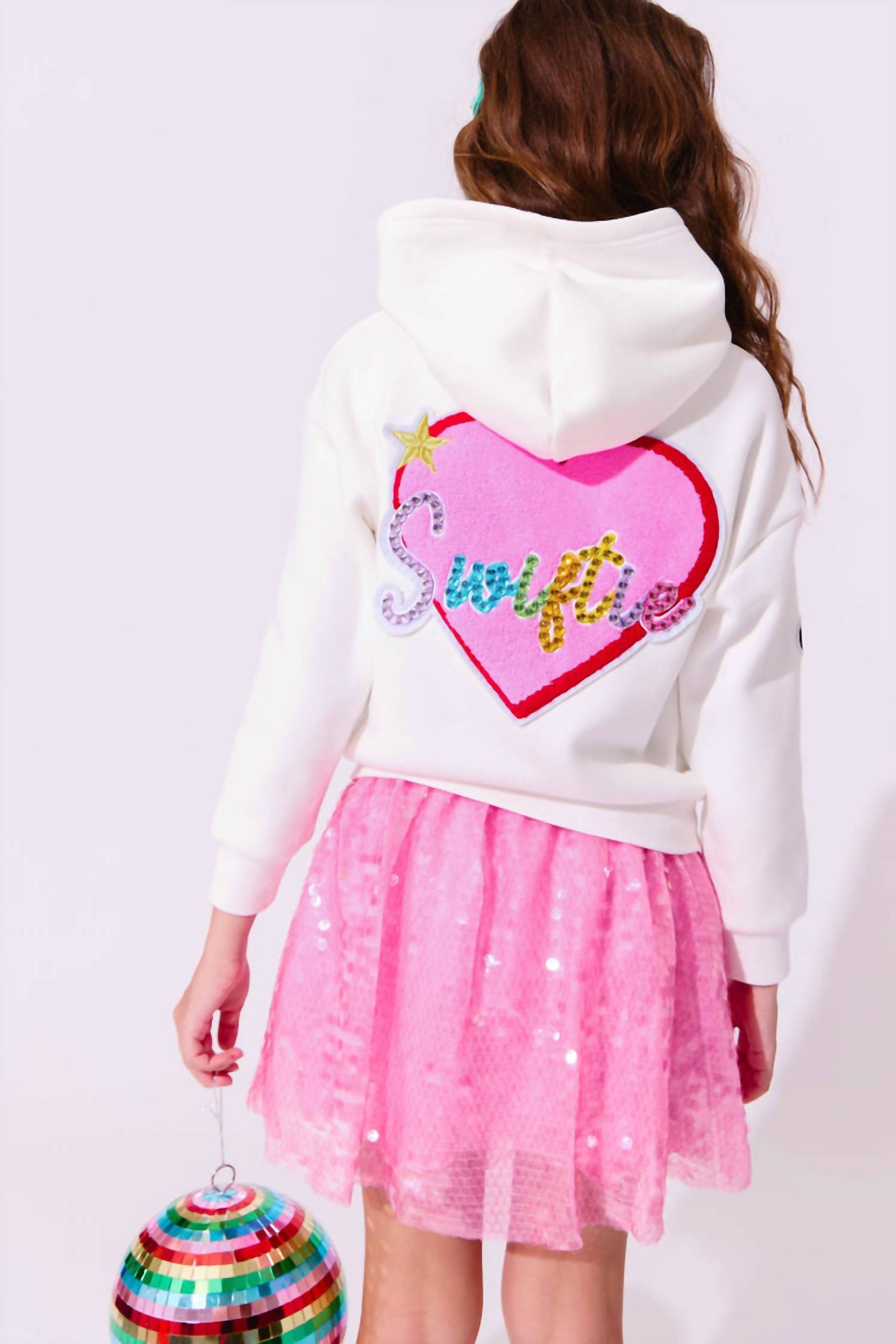 Lola + The Boys Swiftie Lovers Hoodie in white pink - kids' shirt - alternate view