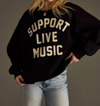 Panache Apparel Support Live Music Sweatshirt in black - women's top - detail view