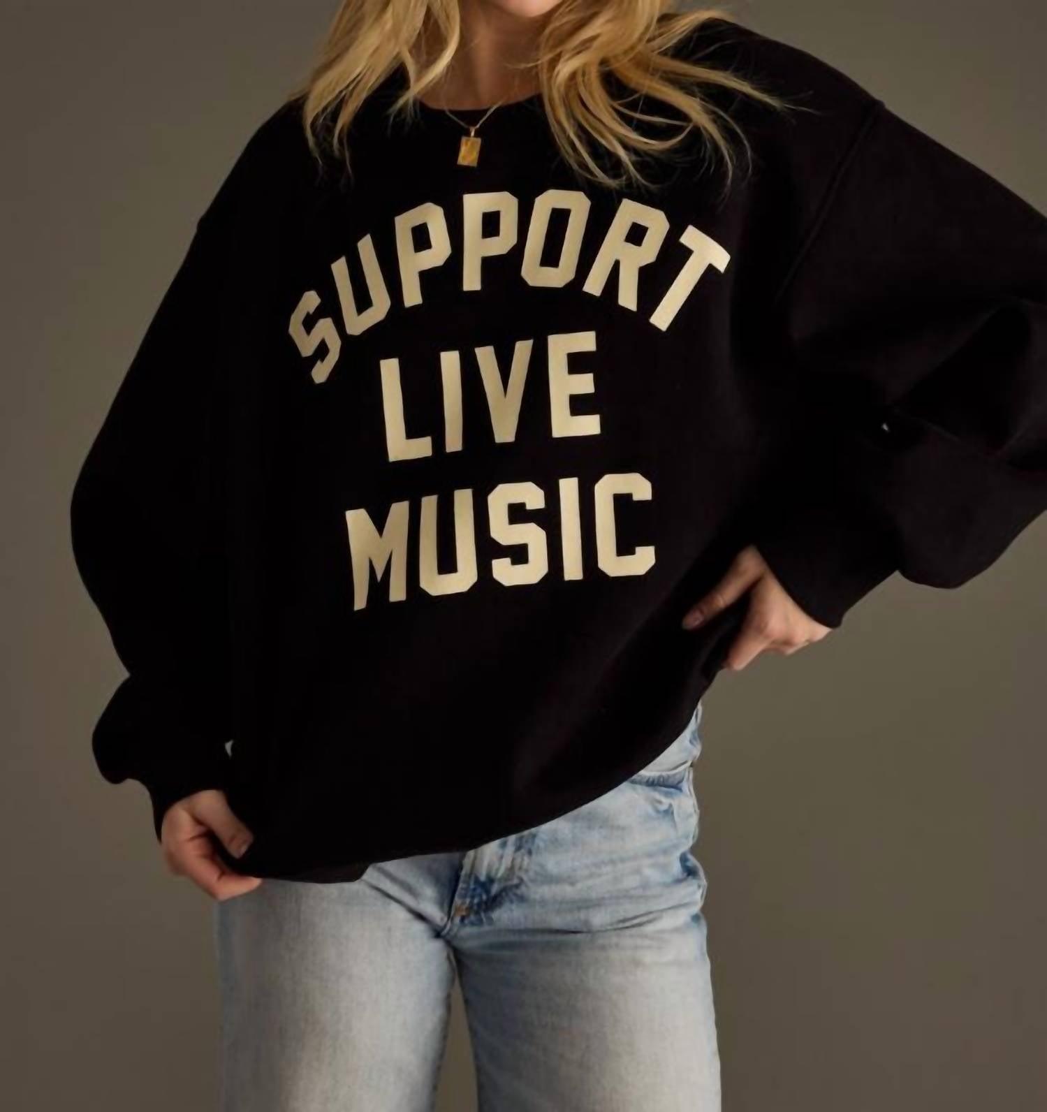 Panache Apparel Support Live Music Sweatshirt in black - women's top - detail view