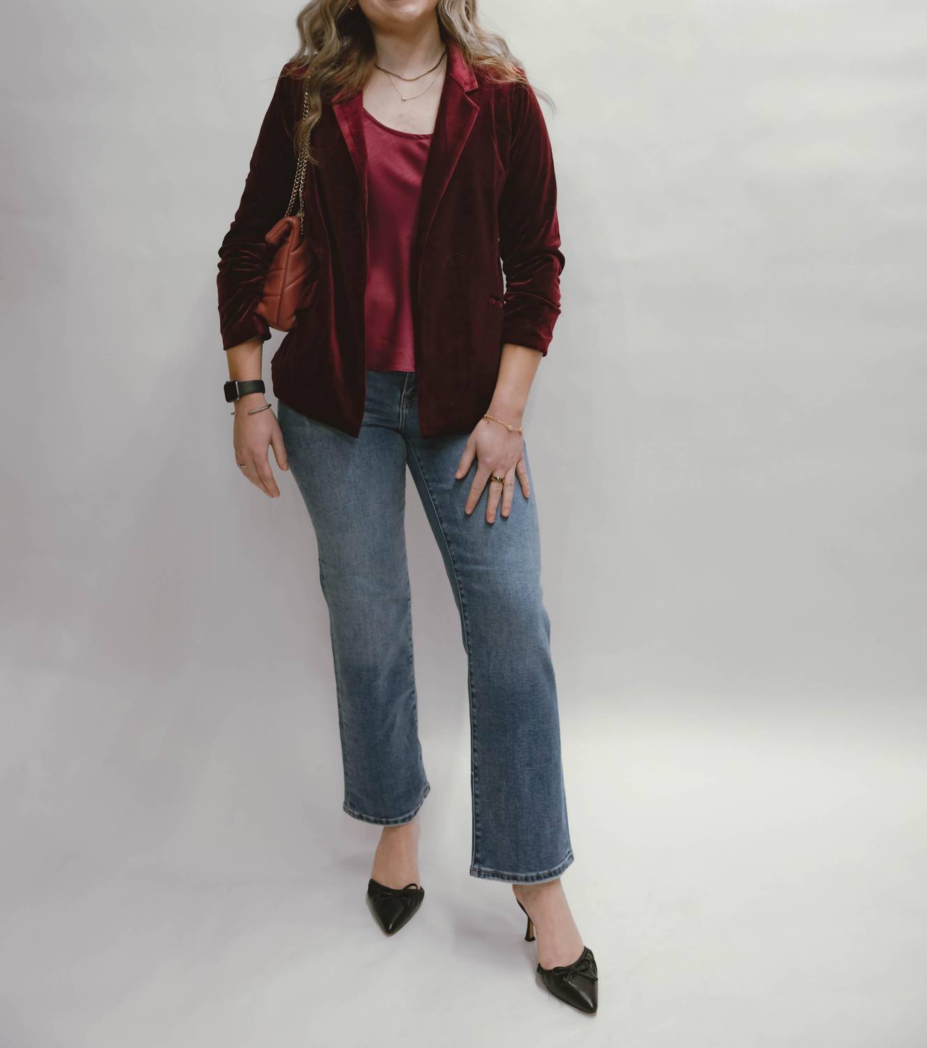 SKIES ARE BLUE Velvet Crush Blazer With Bunched Sleeves in burgundy - women's jacket - alternate view