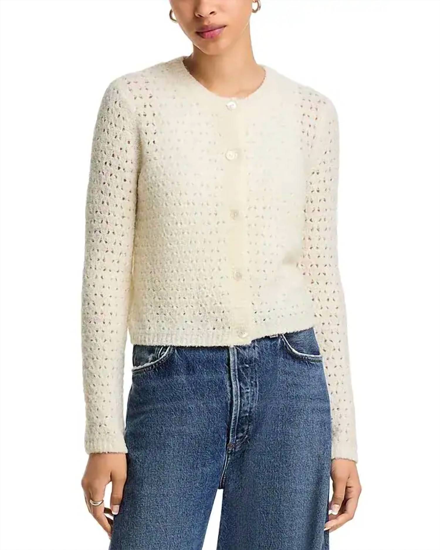 FRAME Chenille Open Stitch Cardigan in cream - women's cardigan