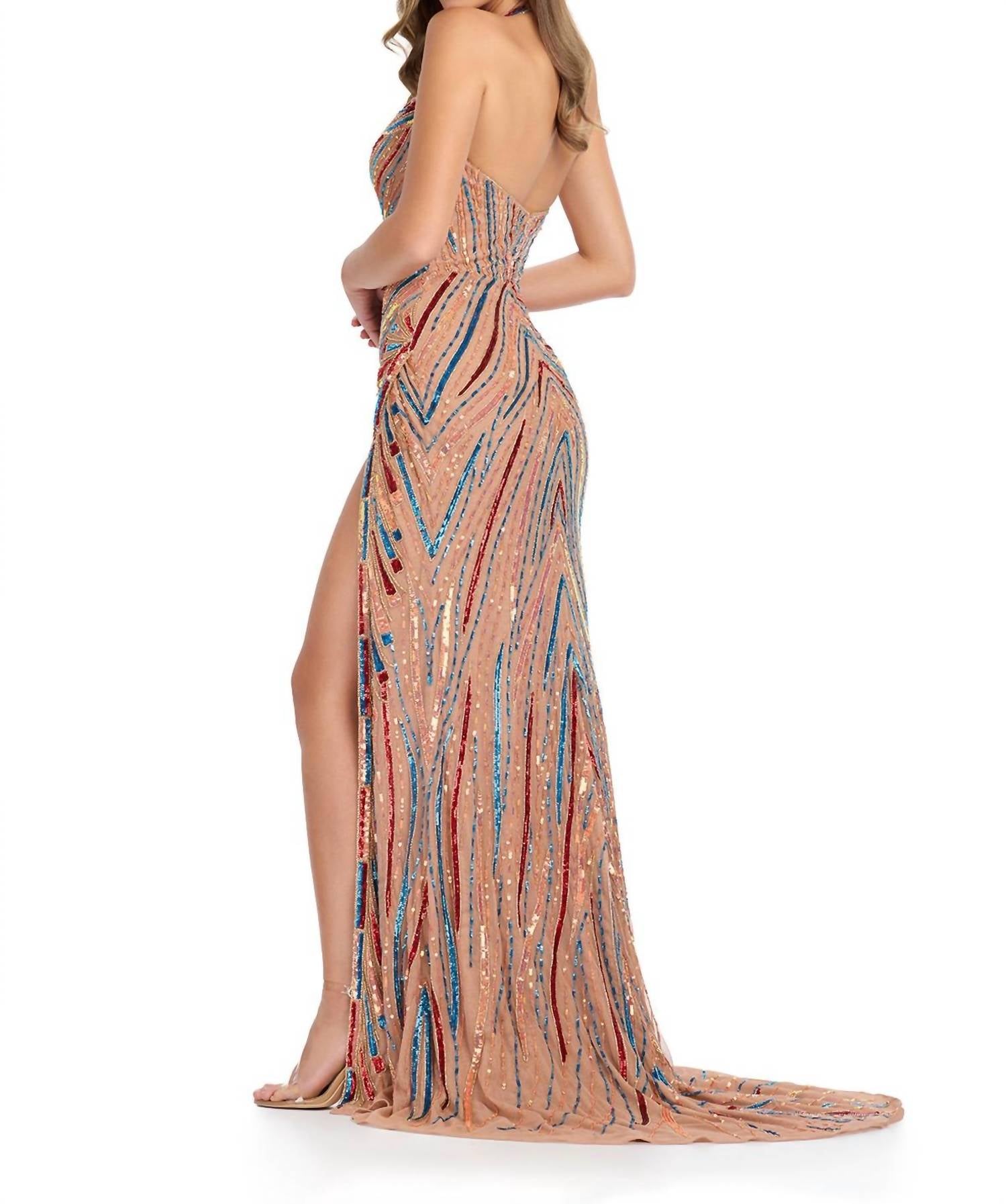 ASHLEYlauren Halter Neckline V-neckline Gown With Slit in multi dark nude - women's dress - detail view