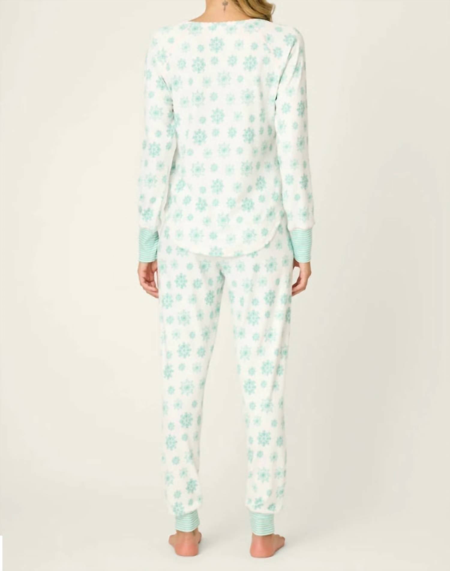 PJ Salvage Snowflake Wishes Pointelle Pants Set in white green pink - women's sleepwear - detail view