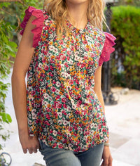 Voy - Raspberry Eyelet Ruffle Sleeve Print Top