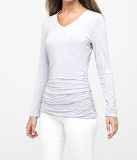 Kinross Bamboo Ruched Long Sleeve Vee Top in gris - women's long sleeve top
