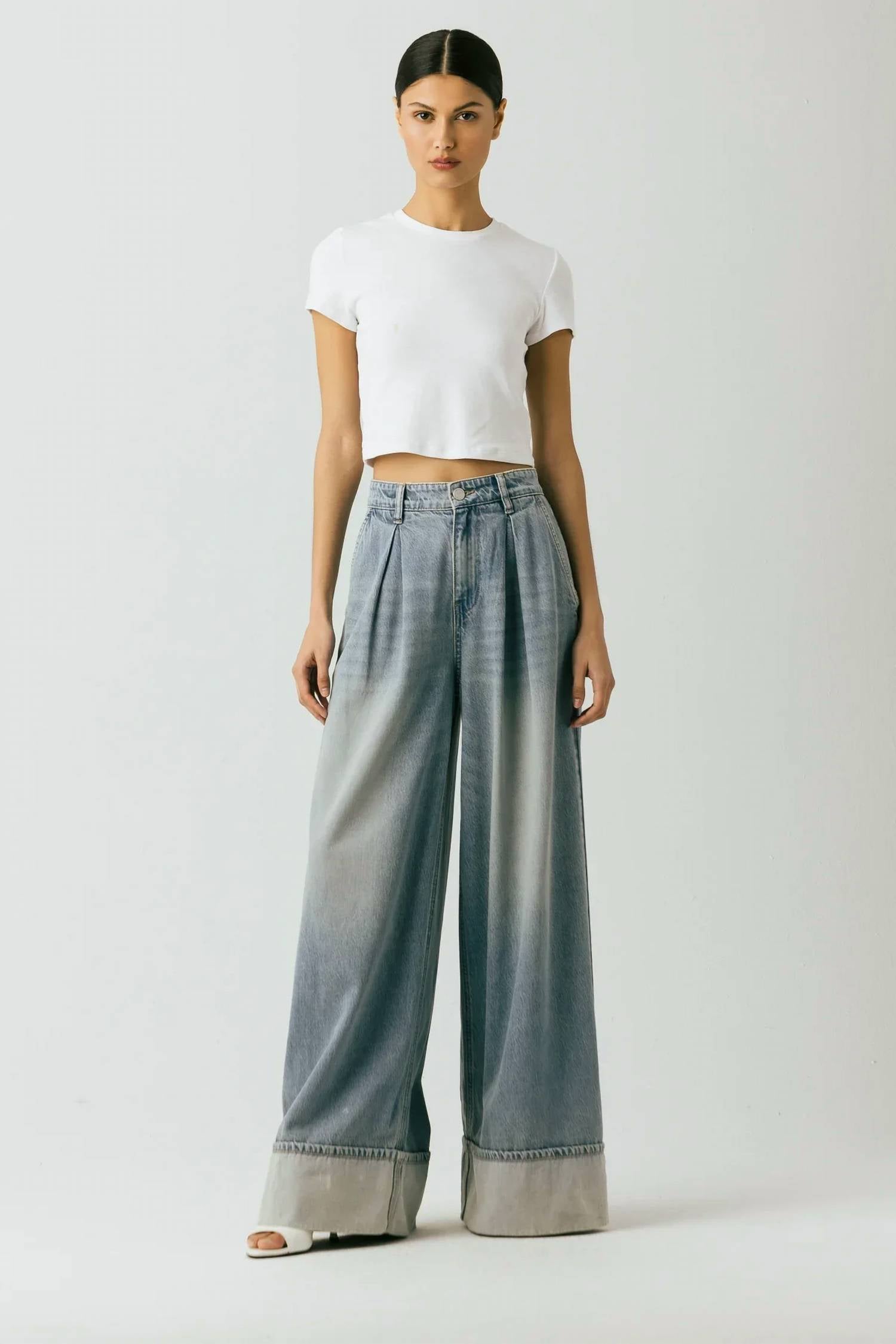 Blanknyc - Cuffed Pleated Denim Wide Leg Trouser Pants