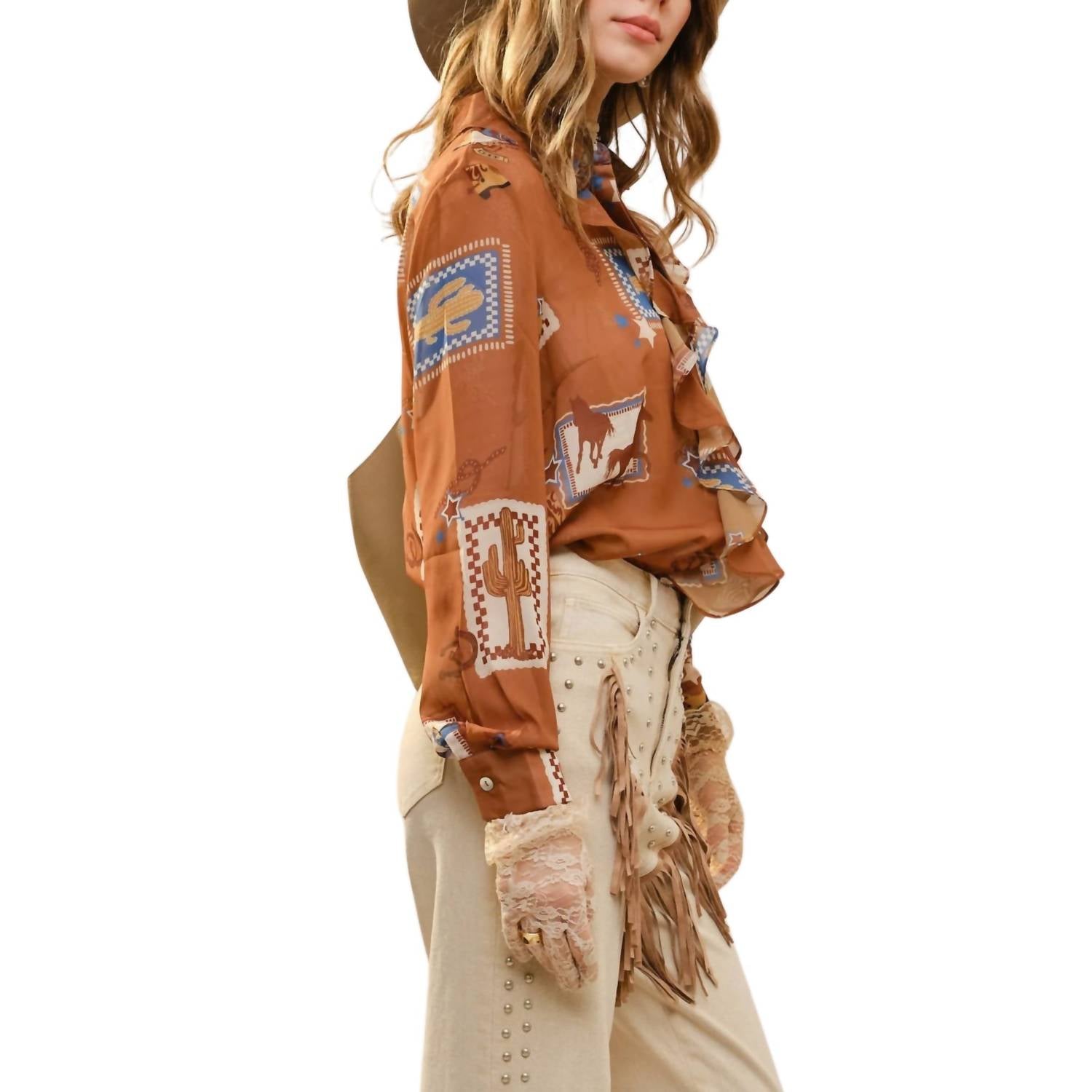 Blue B - Western Print Ruffle Sheer Blouse
