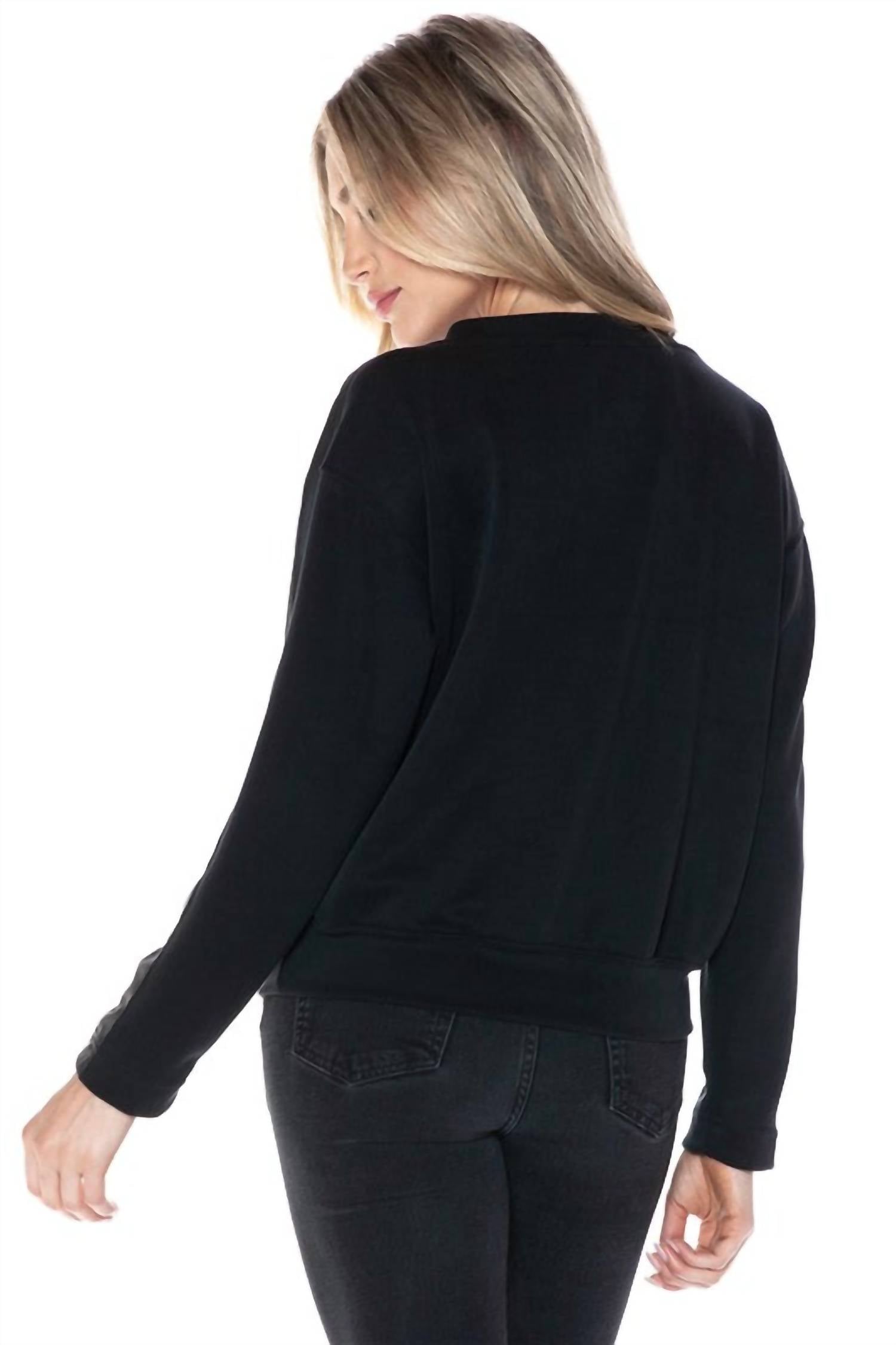 ariella Crewneck With Pleather Sleeves Top in black - women's long sleeve top - view 5