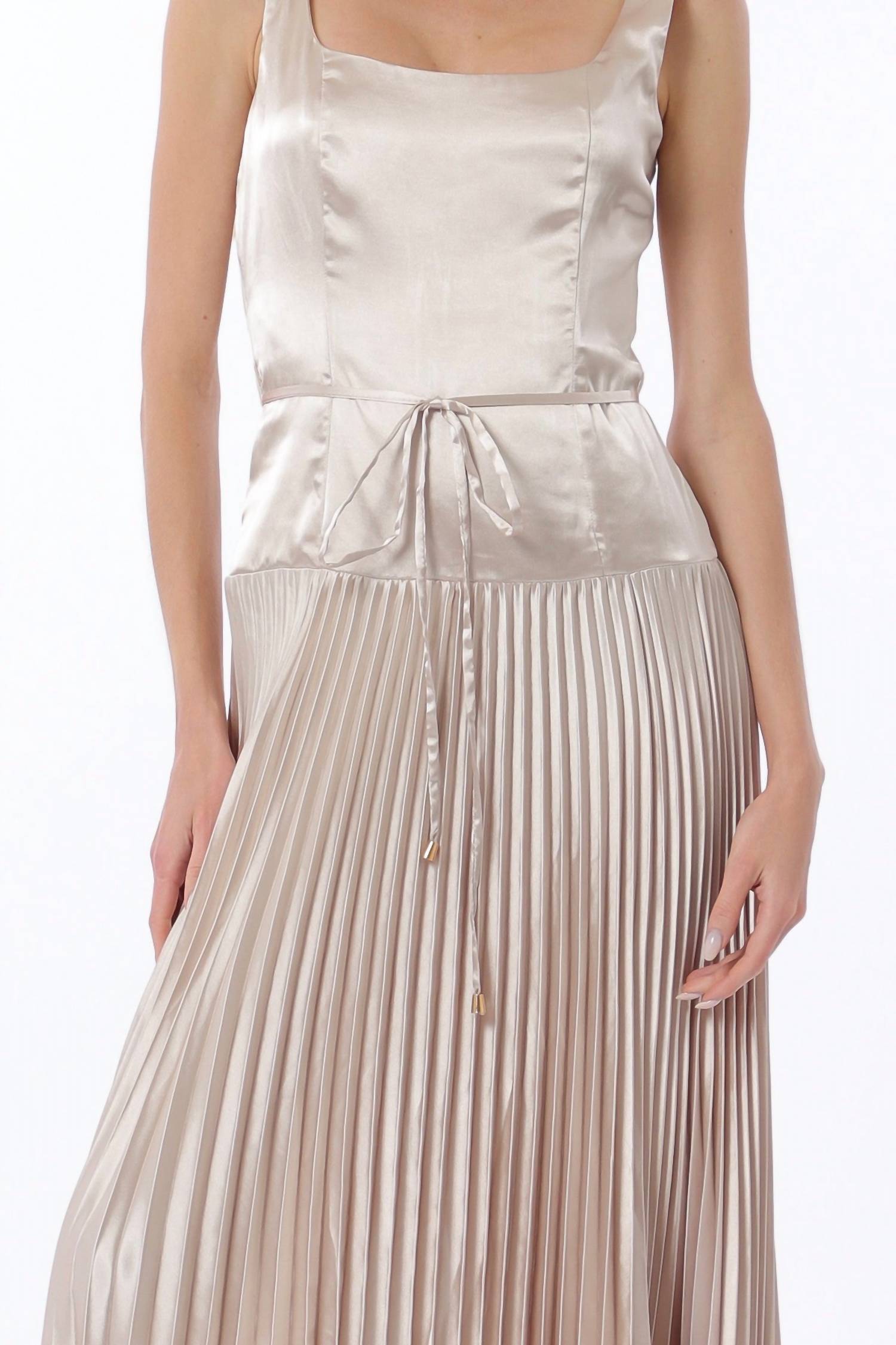 Aakaa Sleeveless Tie Front Waisted Pleat Maxi Dress in champagne - women's dress - view 6