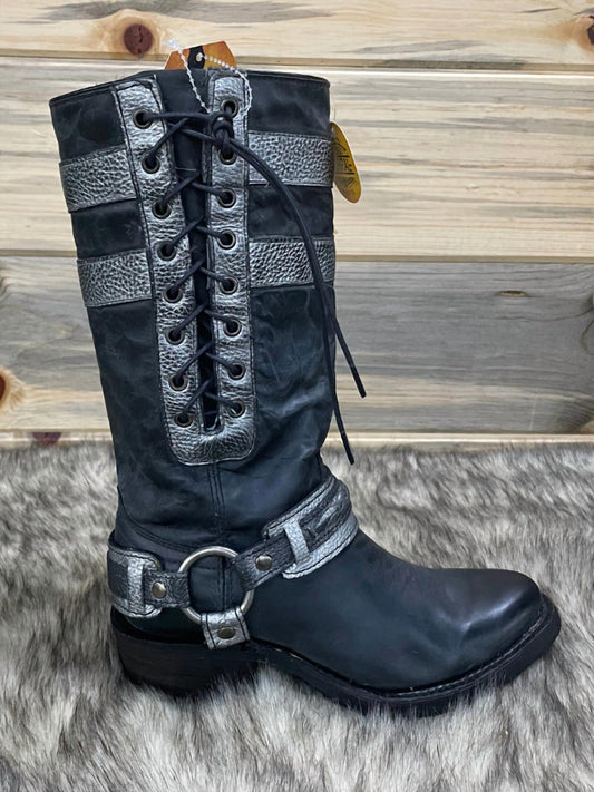 Leather & Side Laces Harness Round Toe Boots