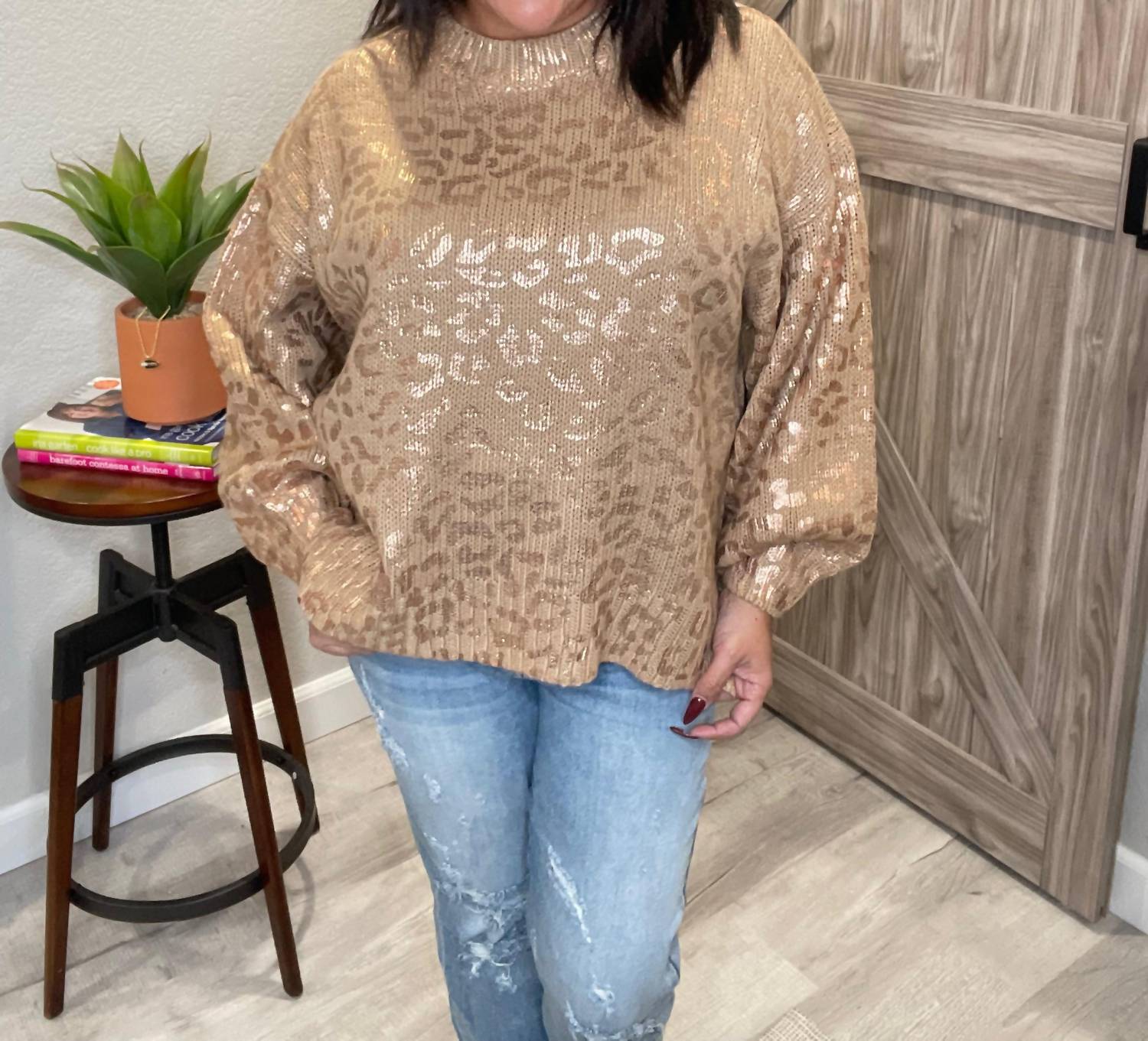 And The Why - Metallic Rose Gold Taupe Leopard Print Balloon Sleeve Sweater