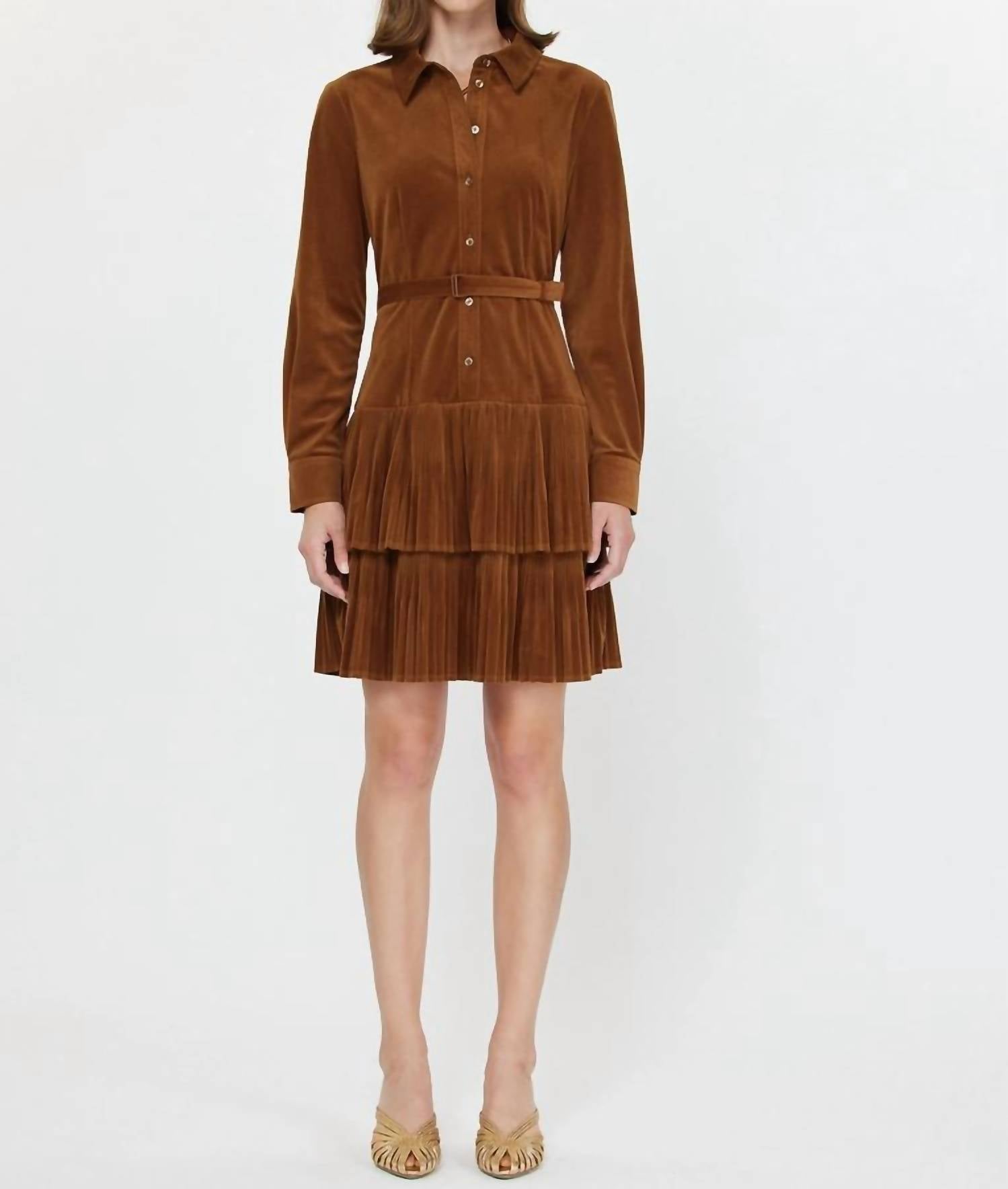 Current Air - Velvet Pleated Tiered Shirt Mini Dress